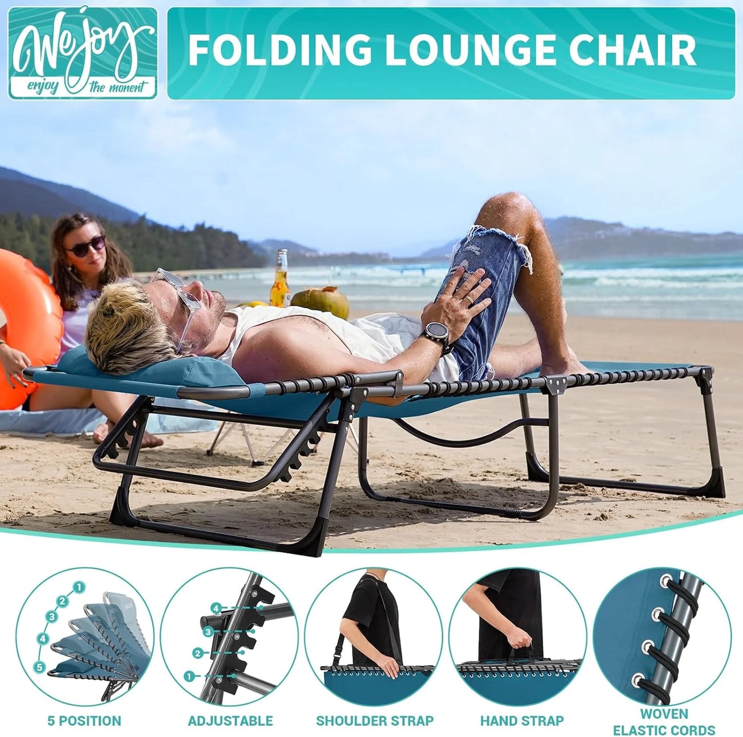 2 Pack Outdoor Chaise Lounge Chair - Portable Folding Patio Pool Lounge Chair, 5 Positions Adjustable Reclining Camping Chair with Side Table,Shoulder Strap, Pillow for Beach Sunbathing Lawn