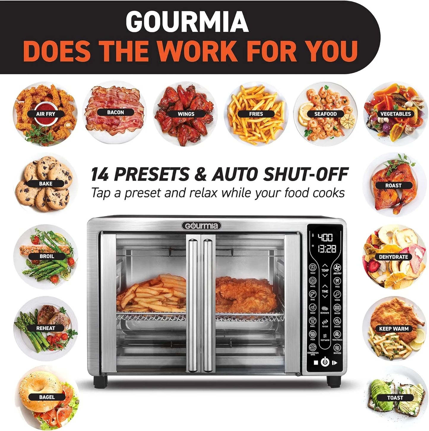 Gourmia Oven Air Fryer Combo with 17 Cooking Presets, 24L Capacity, Convection Rack, Baking Tray, Recipe Book GTF7460