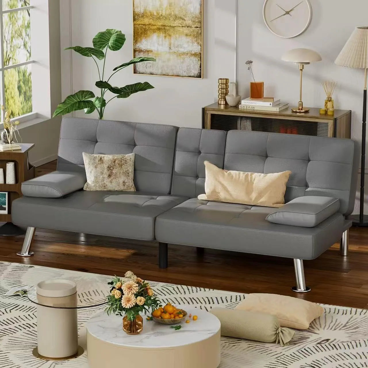 Homall Futon Sofa Bed, Leather Futon Couch with Removable Armrests, Adjustable Recliner Sleeper Sofa Bed with Dual Cup Holders for Living Room, Apartment