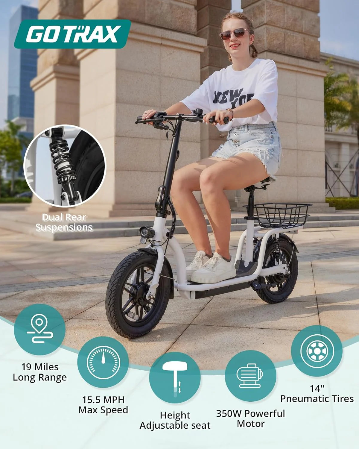 Gotrax adult electric scooter with seat, maximum range of 19-25 miles, all-terrain tires, wide pedals, padded seat, and carrycot