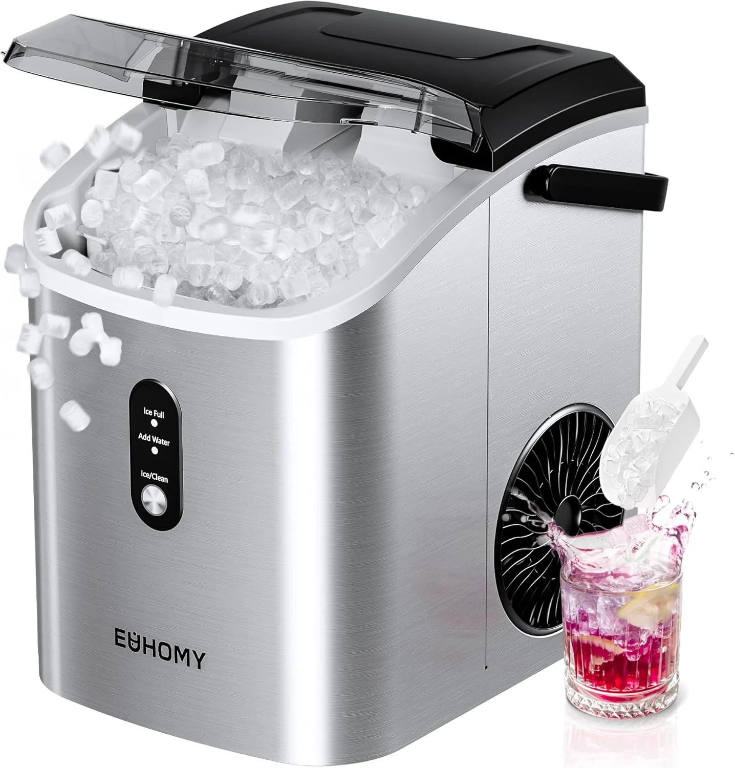 EUHOMY Nugget Ice Maker Countertop with Handle, Ready in 6 Mins, 34lbs Per Day, Removable Top Cover, Auto-Cleaning, Portable Sonic Ice Maker with Basket and Scoop, for Home/Party/RV/Camping (Black)