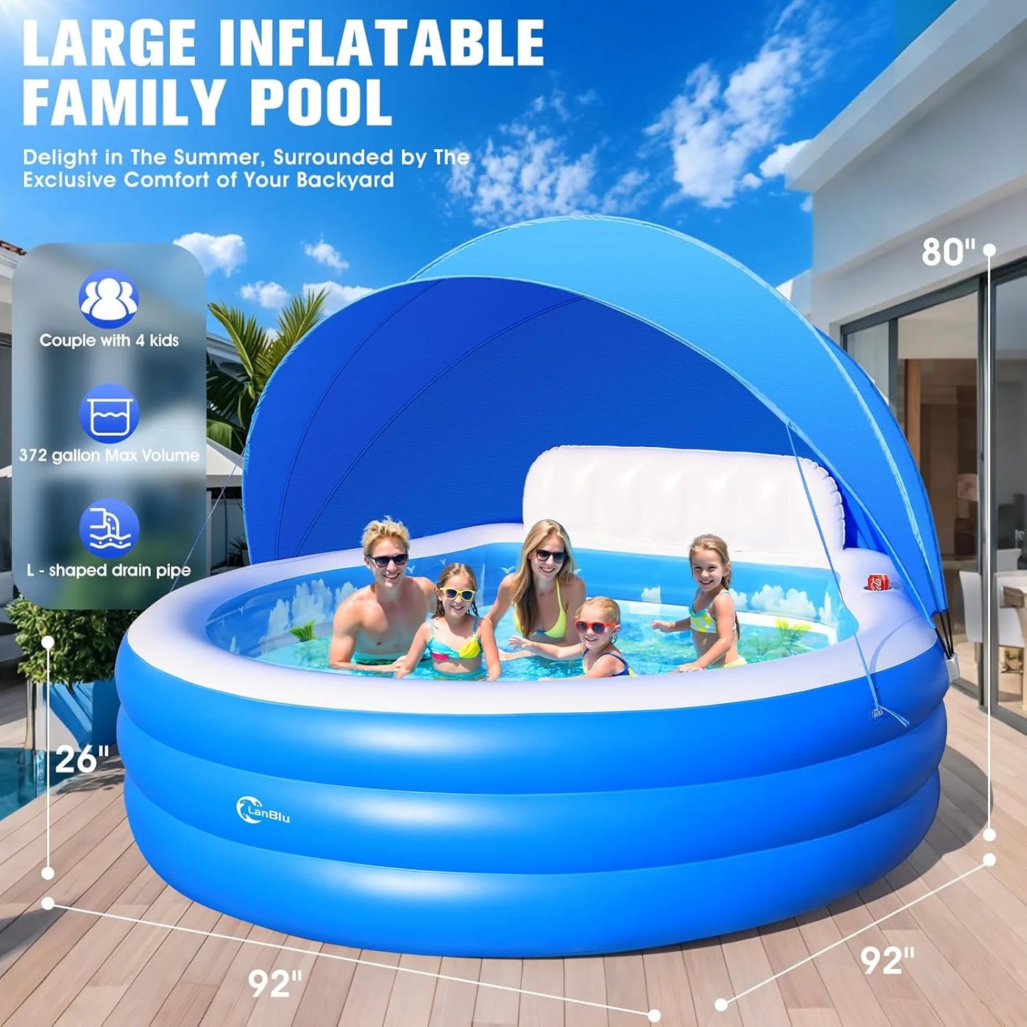 2025 Upgraded Inflatable Pool with Canopy, Inflatable Family Lounge Pool, Round Blow Up Pool for Adult with Bench & Backrest, Swim Center Easy Backyard Pools for Kids & Adults, 92"x92"x26", Blue
