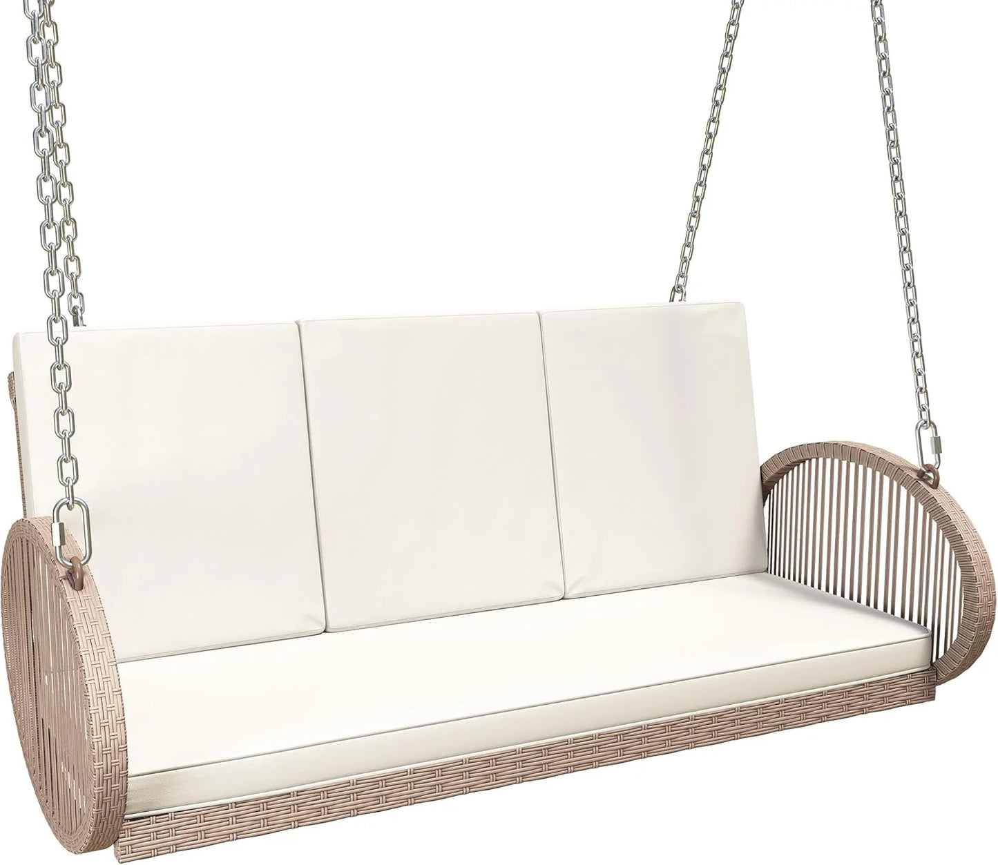 YITAHOME Hanging Porch Swing Chair Sits 3 People, Wicker Outdoor Swing Bench, Patio Lounge Chair, 1 Seating Cushion and 3 Back Cushions, w/Removable Covers, for Garden, Balcony, Backyard, Brown