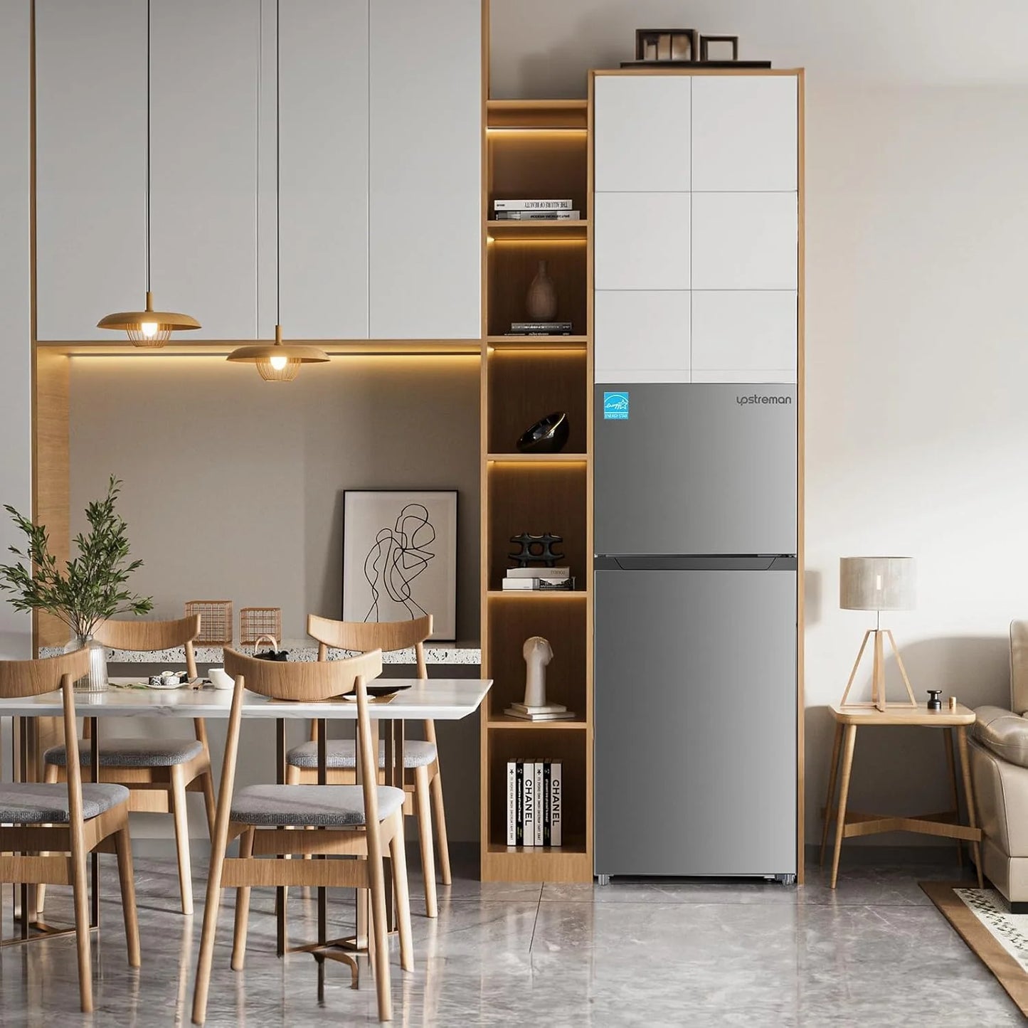 Upstreman 7.7 Cu.Ft. Refrigerator with Freezer, Double Door, Adjustable Thermostat, Large Capacity, Reversible Door Swing, Refrigerator for Apartment, Office, Dorm, Stainless (BD75)