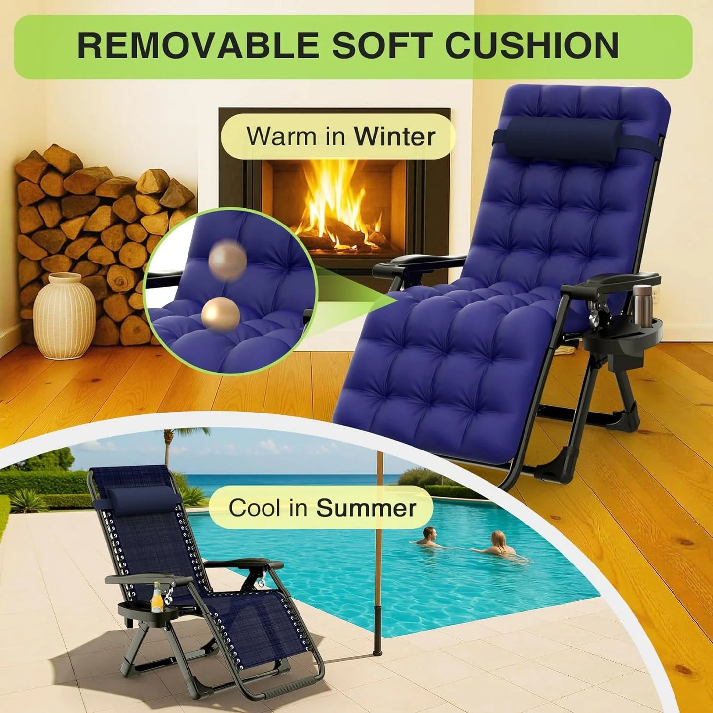 Indoor and outdoor patio chair folding lounge chair zero gravity chair with removable cushion camping lounge chair
