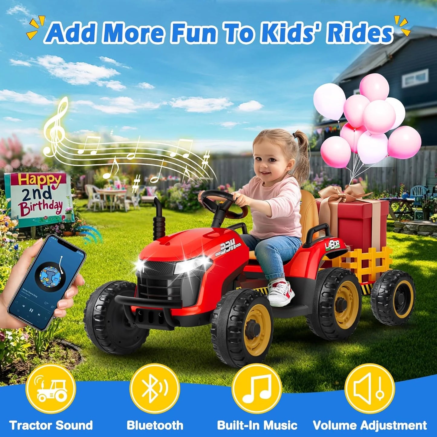 24V Ride On Tractor w/Tiltable & Detachable Trailer, 2x65W Motors, EVA Tires, Remote Control, Bluetooth, Shifter, Music, Electric Car for Kids, Green