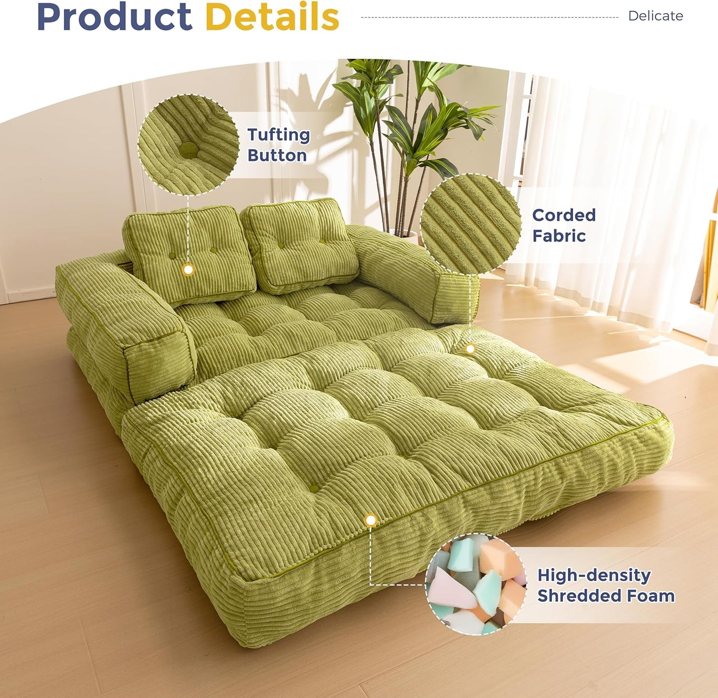Folding Sofa Bed, L-Shaped Convertible Sofa Bed with Armrests and Pillows,