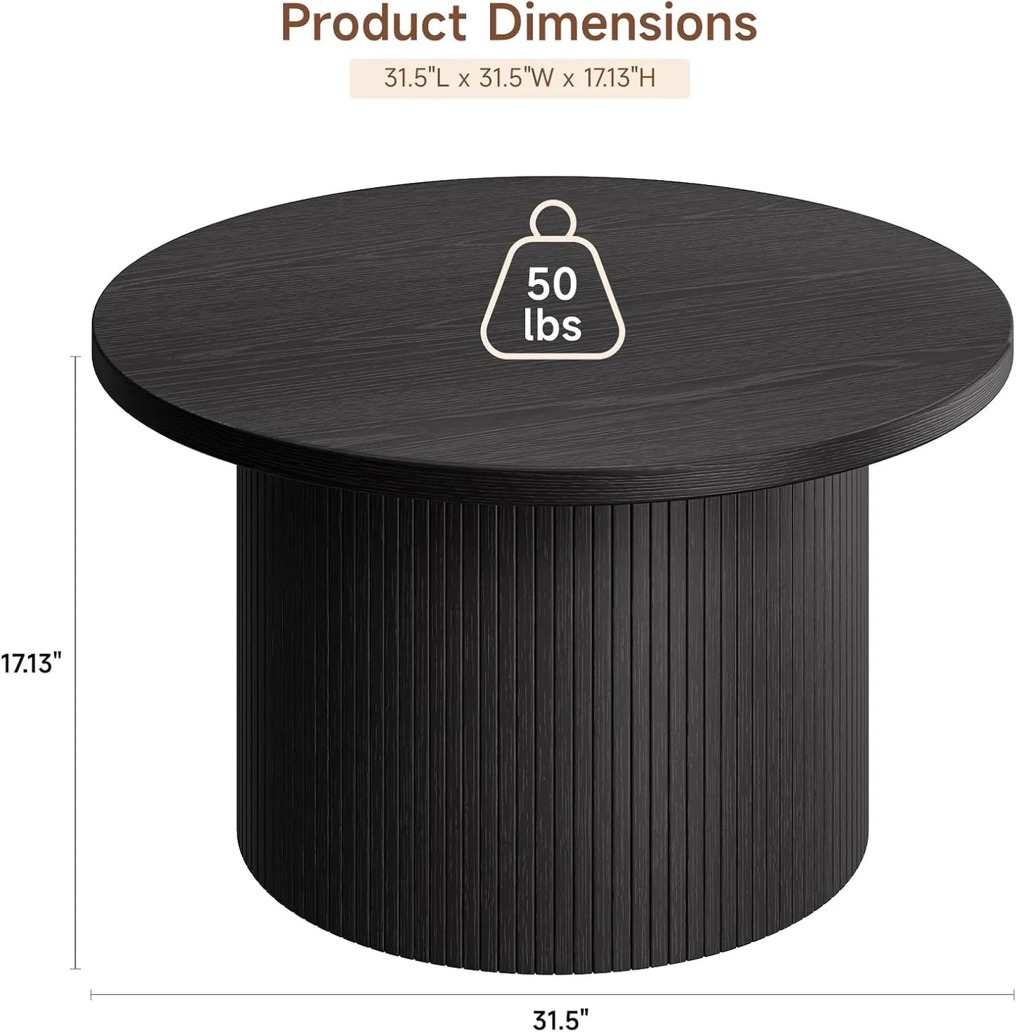 31.5 inch round coffee table, living room roll-up coffee table, mid-century modern wood coffee table