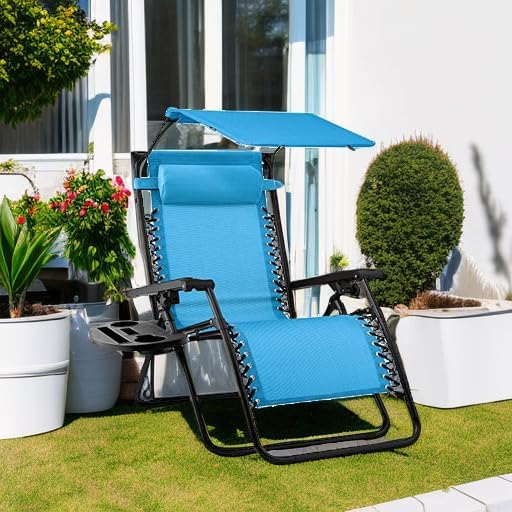 Best Choice Products Folding Zero Gravity Outdoor Recliner Patio Lounge Chair w/Adjustable Canopy Shade, Headrest, Side Accessory Tray, Textilene Mesh - Peacock Blue