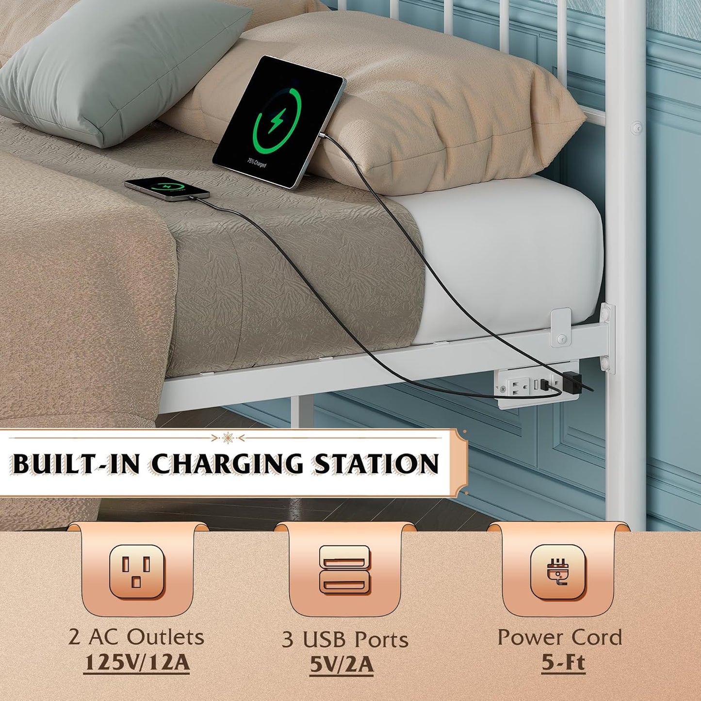 Full Size Bed Frame Full Bed Frame with LED Lights and Charging Station