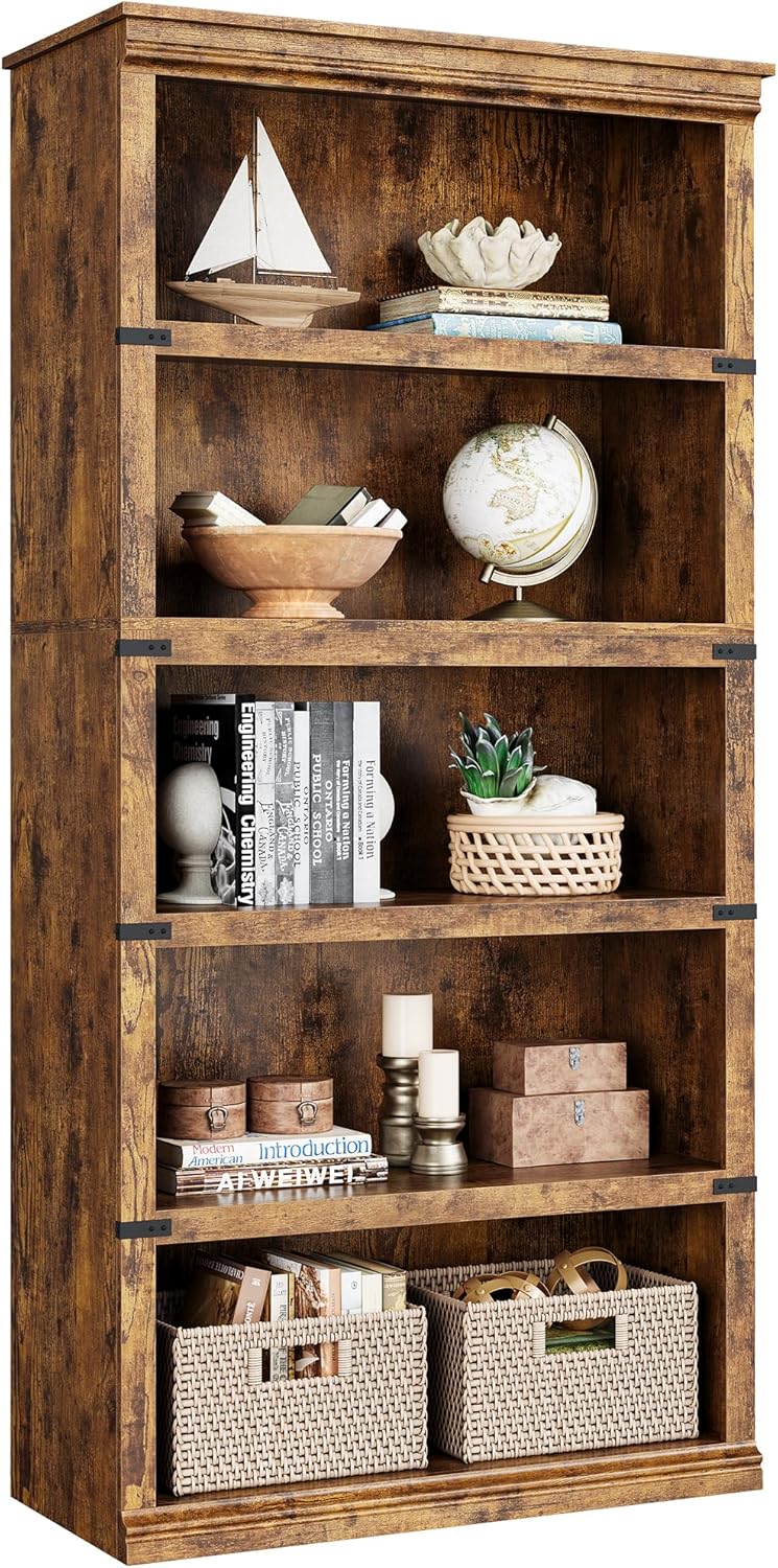 5 Tier Bookcase Farmhouse Book Shelf with Storage Open Display Bookshelves