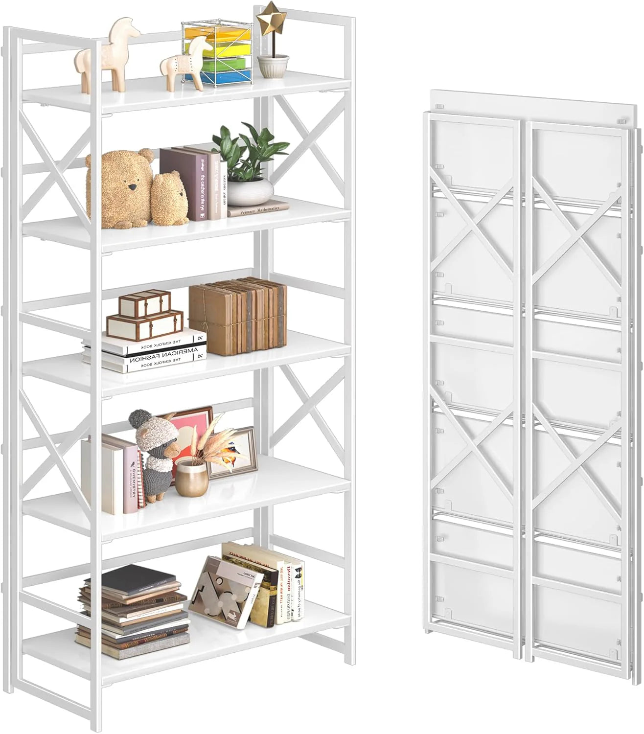 5 Tiers No Assembly Book Shelves 51.2" H Folding Bookshelf Bookcase
