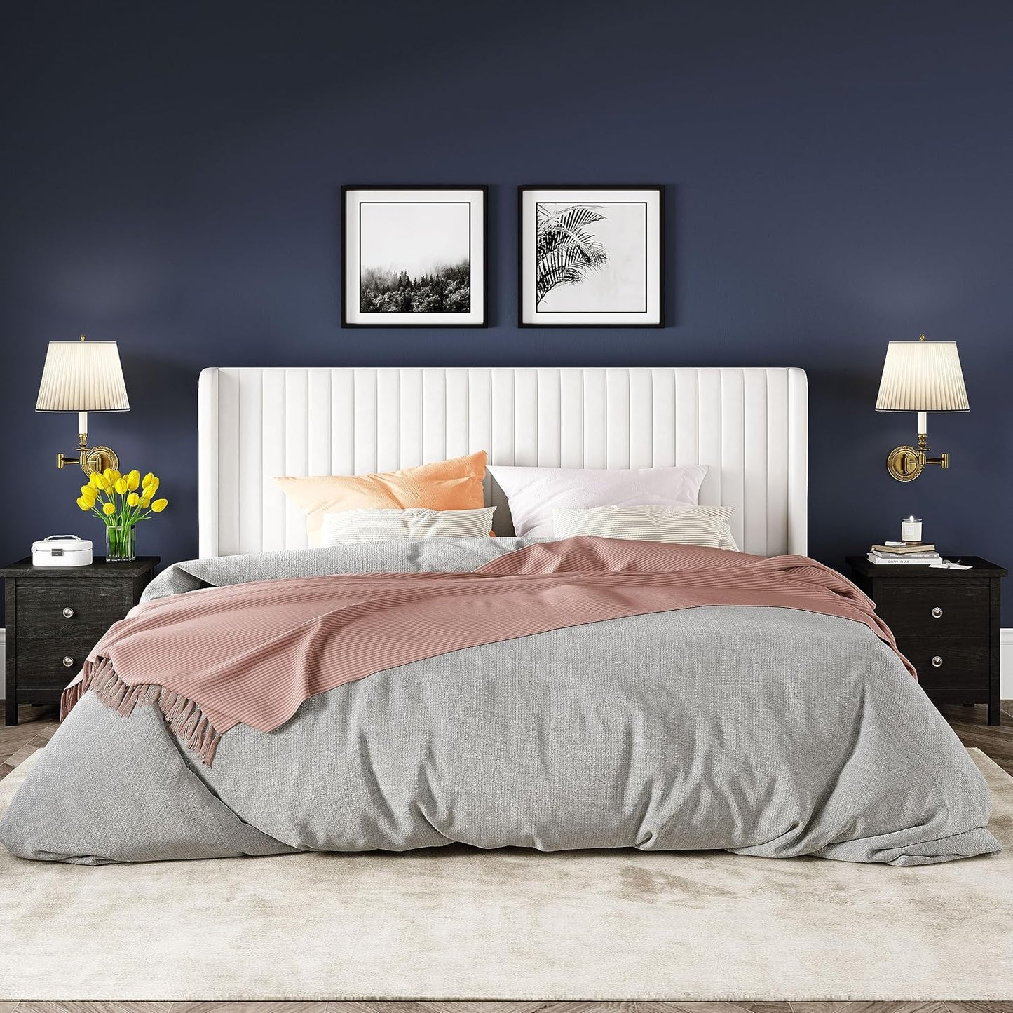 Allewie Full Size Velvet Bed Frame/Vertical Channel Tufted Wingback Headboard/Upholstered Platform Bed/Strong Wooden Slats/No Box Spring Needed/Easy Assembly/White