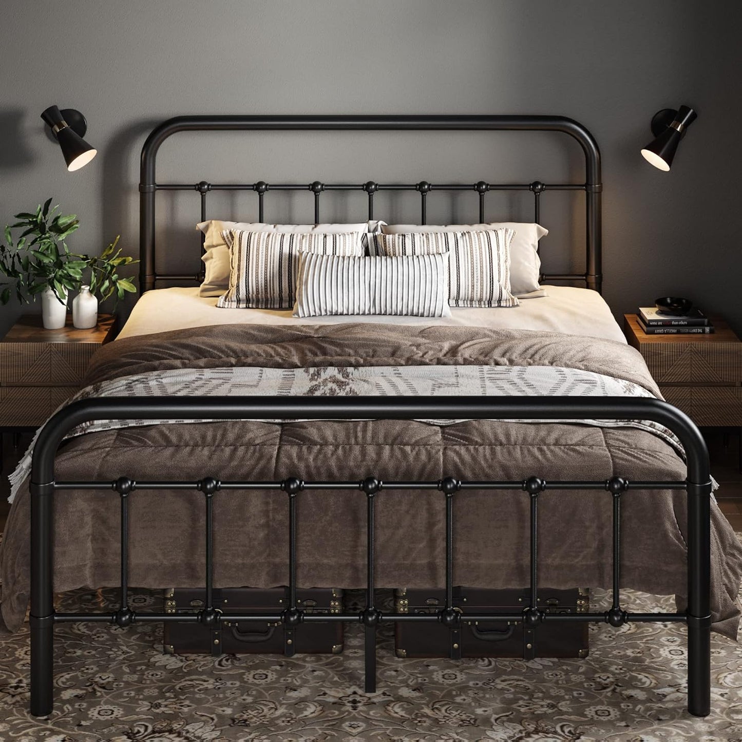 Allewie Queen Size Metal Platform Bed Frame with Victorian Style Wrought Iron-Art Headboard/Footboard, No Box Spring Required