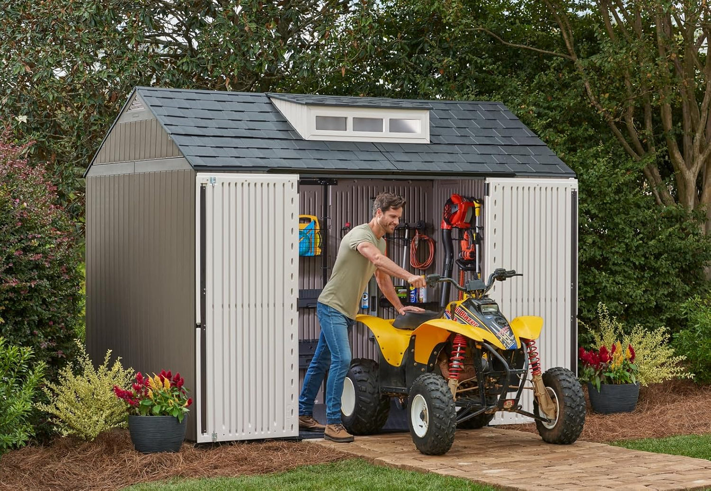 Rubbermaid Resin Outdoor Storage Shed With Floor (7 x 7 Ft) Weather Resistant Gray Organization for Home/Backyard/Garden Tools/Lawn Mower/Bike Storage/Pool Supplies