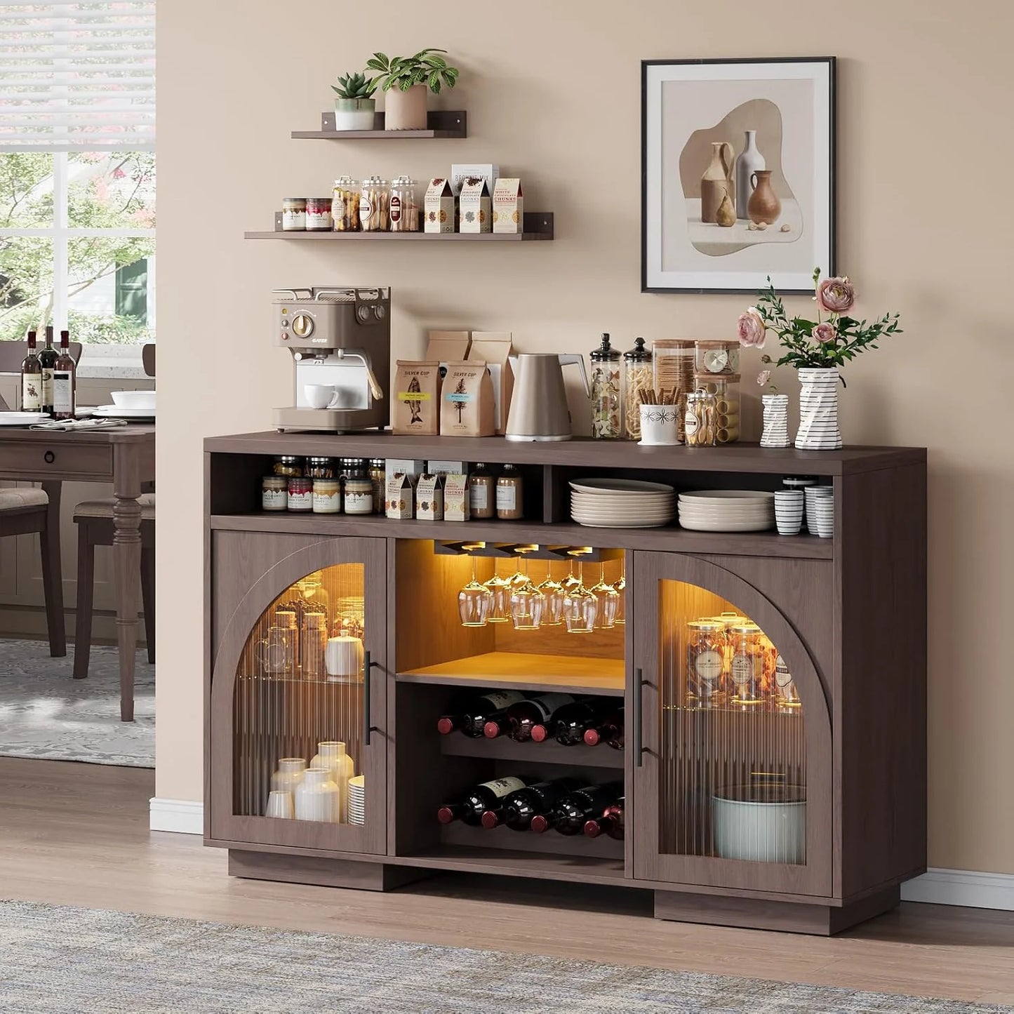 Sideboard, 54-inch kitchen cabinet with LED lights and arched glass doors, tall bar cabinet