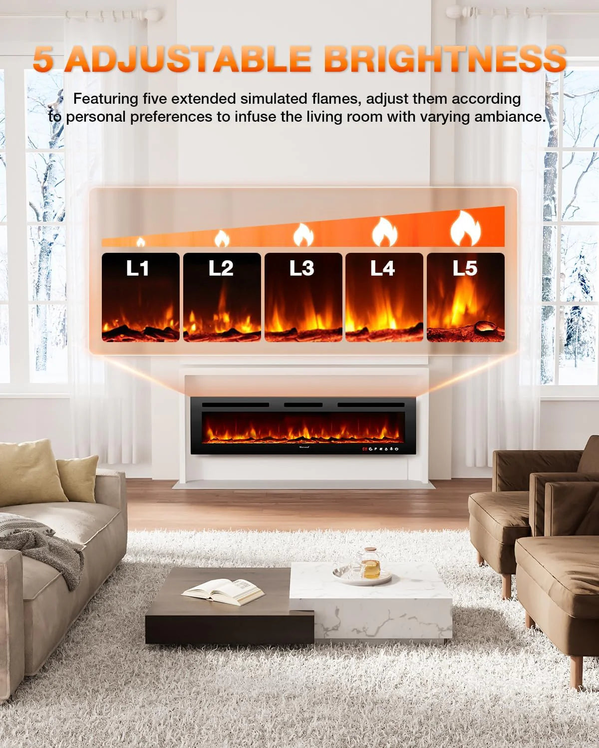 Electric Fireplace 60Inch,Wall Mounted Electric Fireplace Heater with Timer Inserts，TV Stand Touch Screen and Realistic Flame,Log Set,Crystal Flames 750 to 1500W，Remote for Living Room