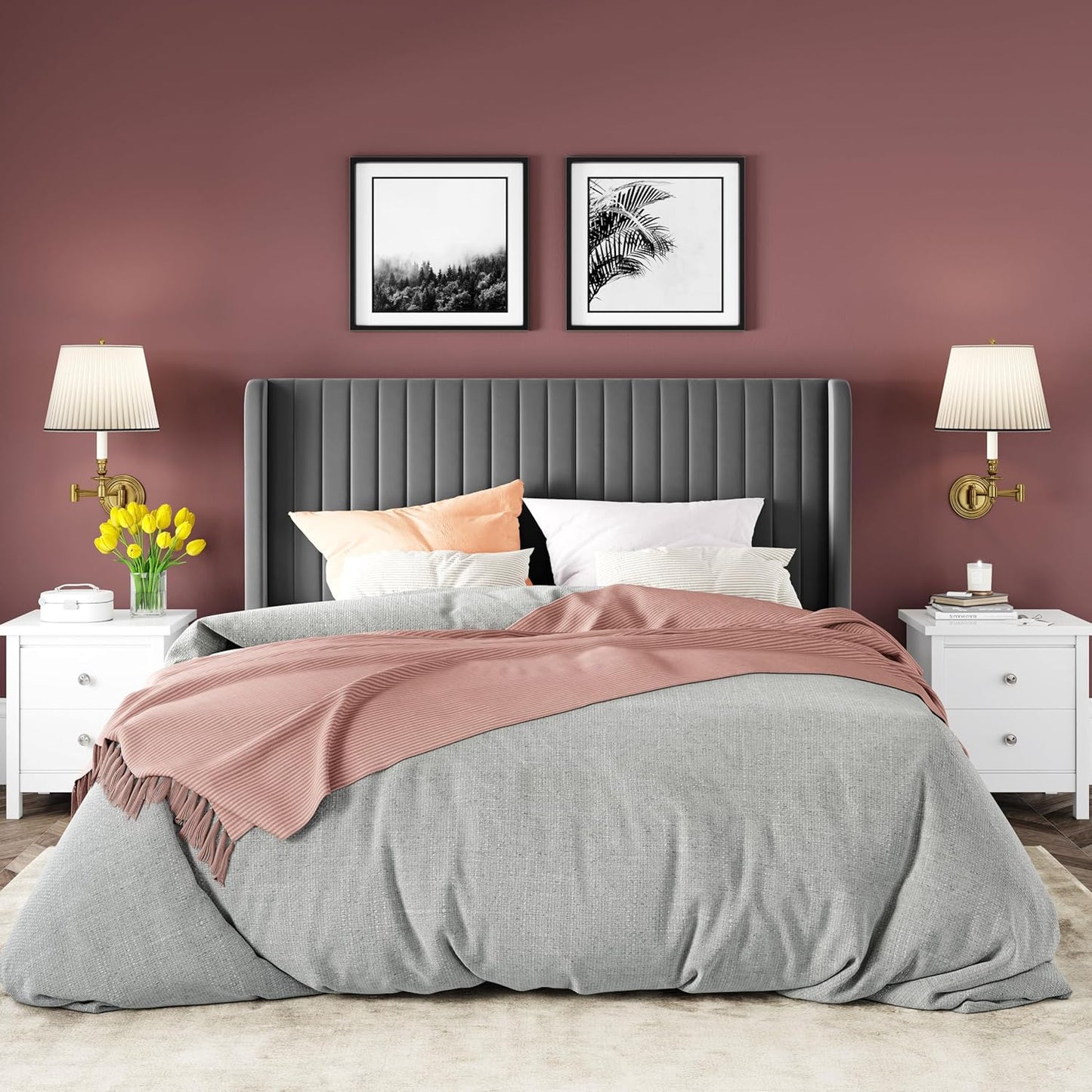 Allewie Full Size Velvet Bed Frame/Vertical Channel Tufted Wingback Headboard/Upholstered Platform Bed/Strong Wooden Slats/No Box Spring Needed/Easy Assembly/White