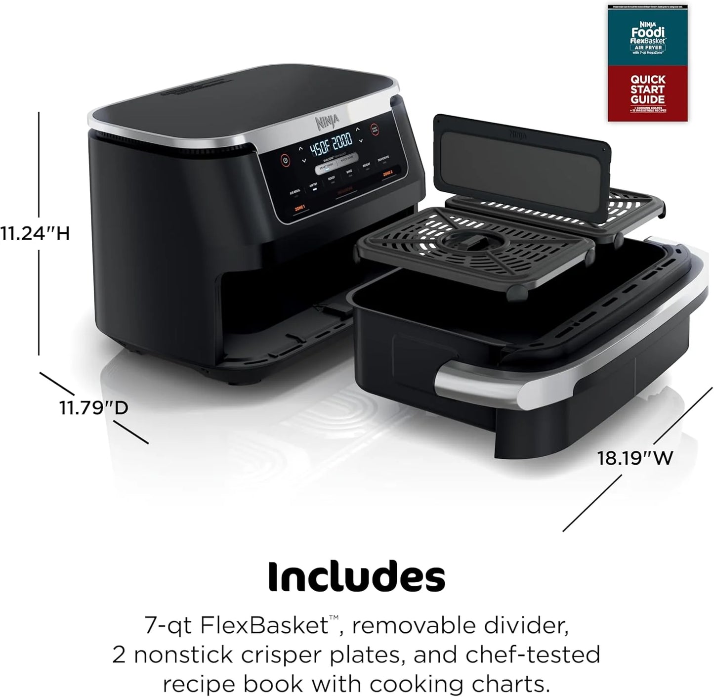 Ninja Foodi 6-in-1 FlexBasket Air Fryer with 7-QT MegaZone & Basket Divider for Large Proteins & Full Meals, Smart Finish Cook 2 Foods 2 Ways, Family Sized Capacity, Air Fry, Roast & More