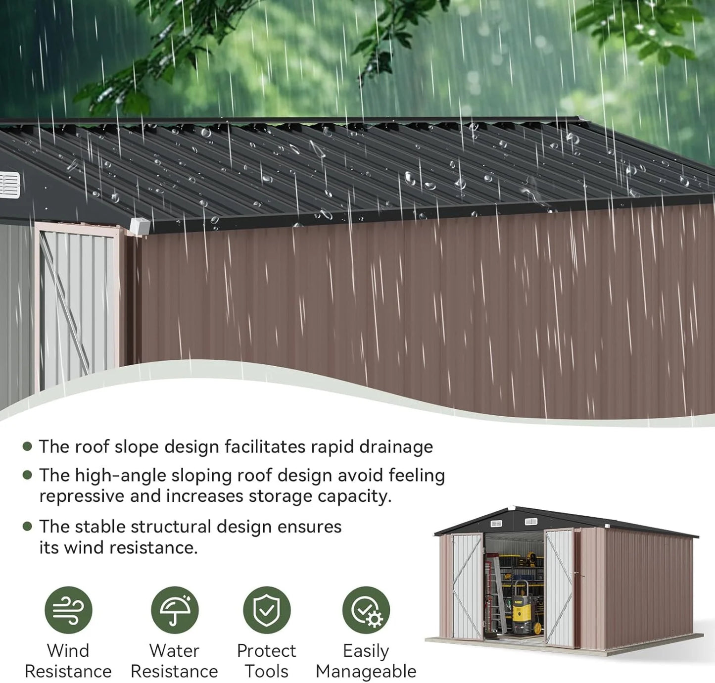 Aoxun 12x10 FT Shed Metal Outdoor Waterproof Storage Shed Steel Utility Garden Tool Shed with Door & Lock Outdoor Storage for Garden Patio Lawn Poolside, Brown