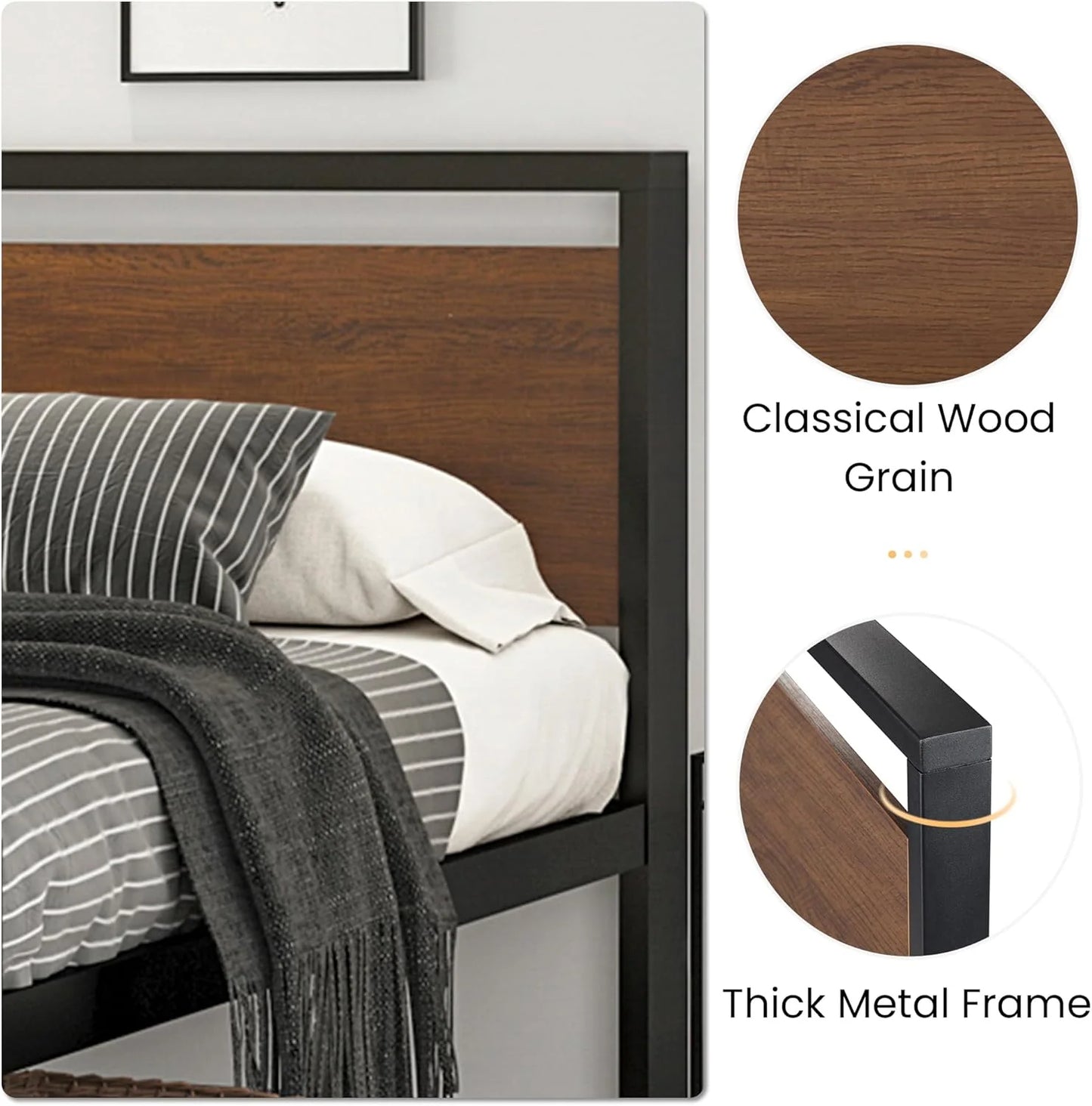 SHA CERLIN 14 Inch Full Size Metal Platform Bed Frame with Wooden Headboard and Footboard, Mattress Foundation, No Box Spring Needed, Large Under Bed Storage, Non-Slip Without Noise, Mahogany