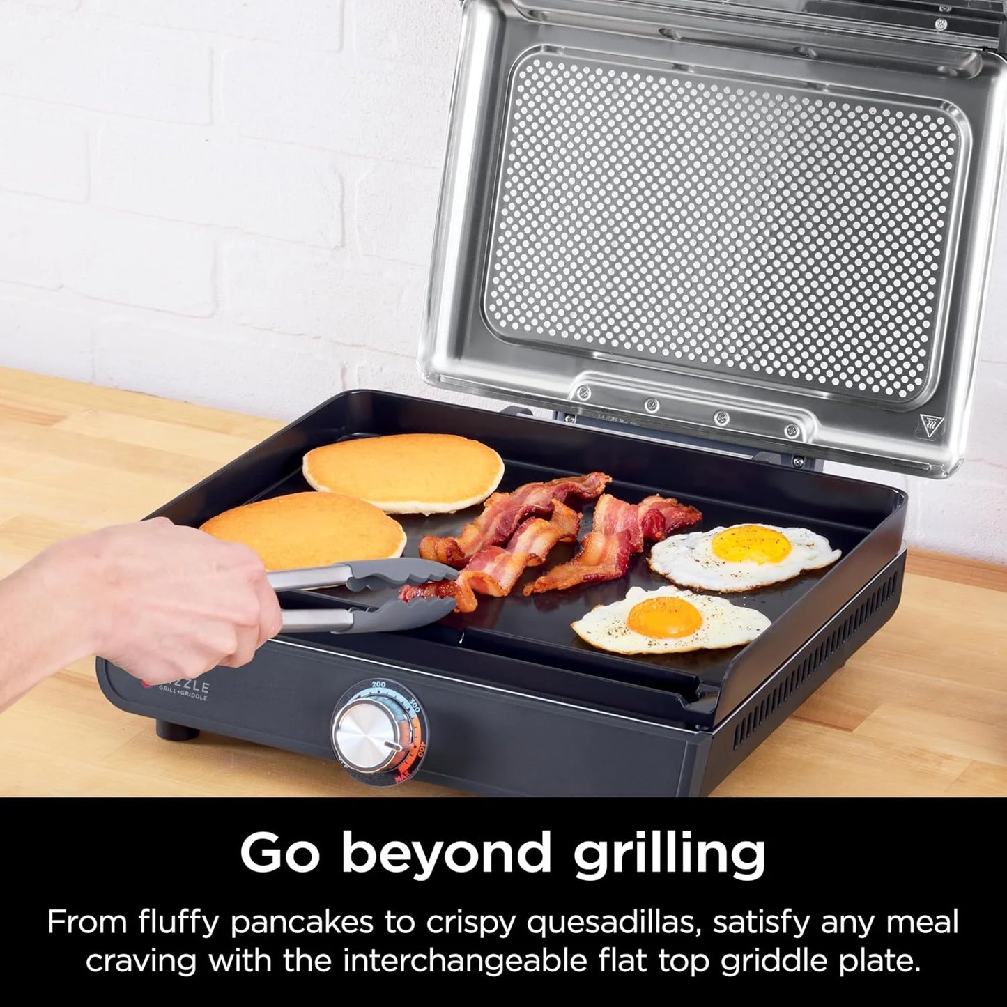 Griddle and Indoor Grill, 14’’, Electric Grill, For Steak, Burgers, Salmon, Veggies, and More, Pancake Griddle, Nonstick, Dishwasher Safe, 500F, Even Cooking, Silver, GR101