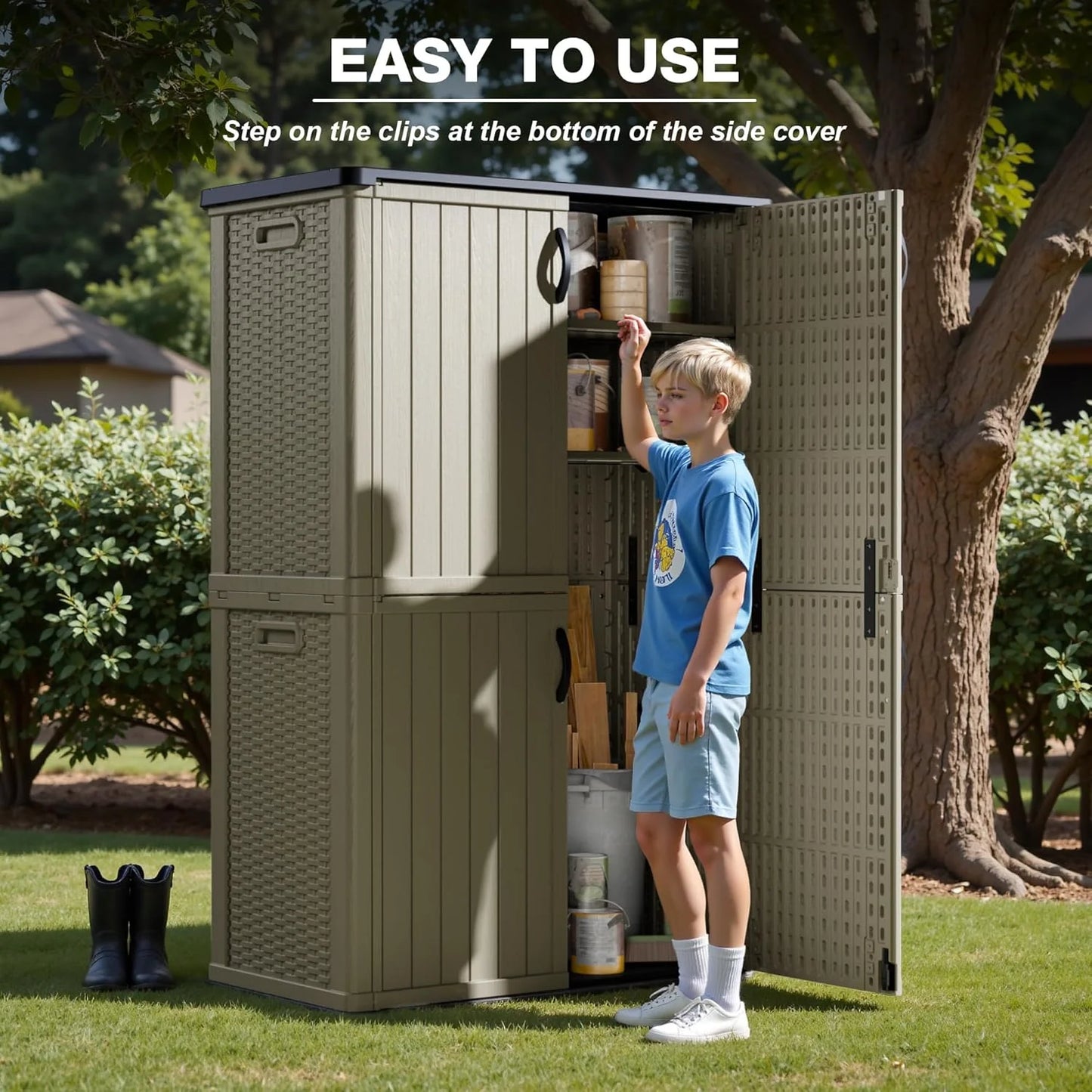 Greesum Outdoor Horizontal Storage Shed 27 Cu.ft Resin Large Storage Box for Garden, Patio, Backyard