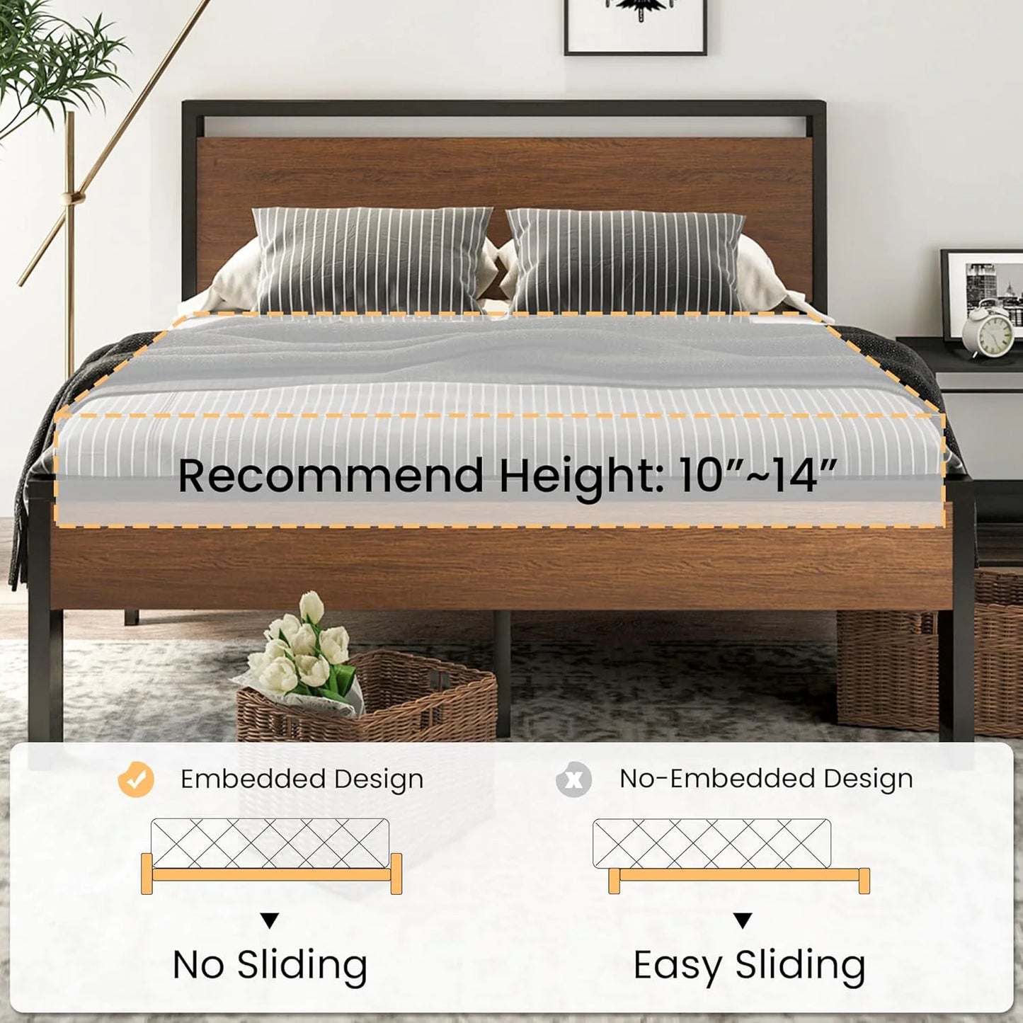 SHA CERLIN 14 Inch Full Size Metal Platform Bed Frame with Wooden Headboard and Footboard, Mattress Foundation, No Box Spring Needed, Large Under Bed Storage, Non-Slip Without Noise, Mahogany