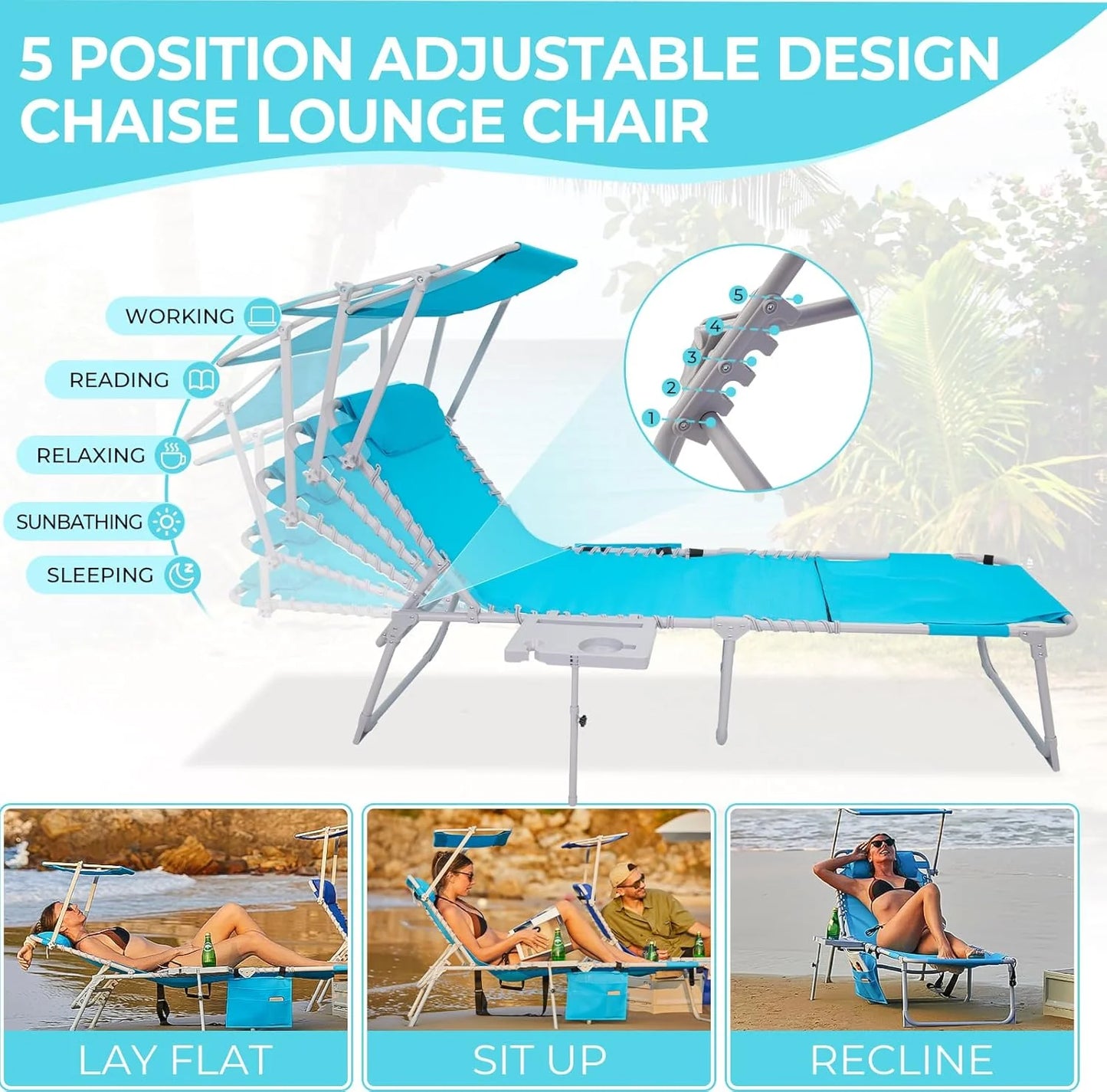 2 Pack Outdoor Chaise Lounge Chair - Portable Folding Patio Pool Lounge Chair, 5 Positions Adjustable Reclining Camping Chair with Side Table,Shoulder Strap, Pillow for Beach Sunbathing Lawn