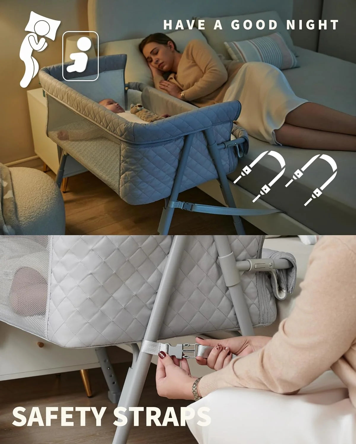 Bassinet Bedside Sleeper, Baby Crib for Newborn, Baby Bassinets Bedside Sleeper with 4 Auto-Lock & Adjustable Height, Breathable Mesh & Mattress