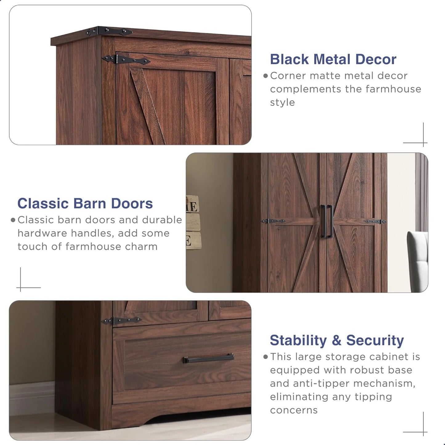 JXQTLINGMU Farmhouse Kitchen Pantry - 72" Tall Wood Kitchen Storage Cabinet with Adjustable Shelves and 2 Barn-Style Doors and Drawers