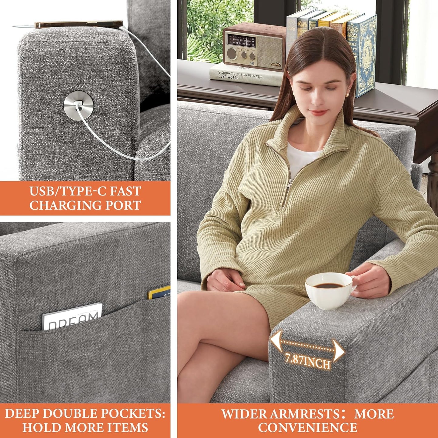 111.4 Inch L-Shaped Modern Sofa Modular Cloud Sofa with Ottoman, 4-Seater Chenille Deep Seat Sofa with Pillows for Living Room, Bedroom and Apartment, Beige