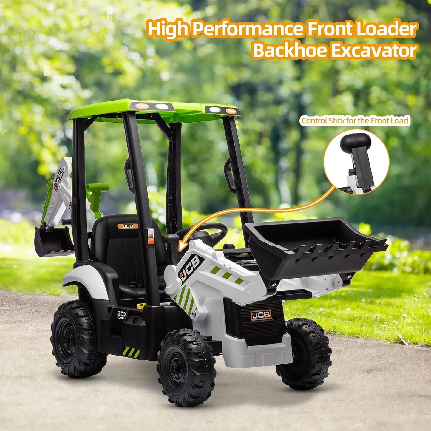 12V JCB Ride On Excavator, Ride on Toys for Kids 4-8, Electric Car for Kids with Tractor, Bulldozer, Digging Arm, Backhoe Toy Car with Slow Start/Stop, Adjustable Speeds