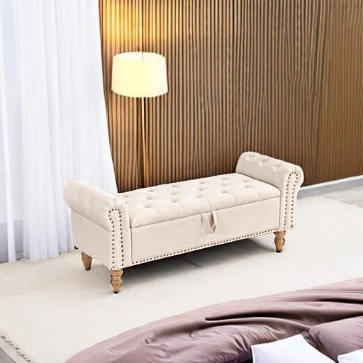 Furniliving Modern Storage Ottoman Bench, Sherpa Ottoman End of Bed Bench with Solid Wood Legs Upholstered Ottoman Benches with Storage Indoor Bench