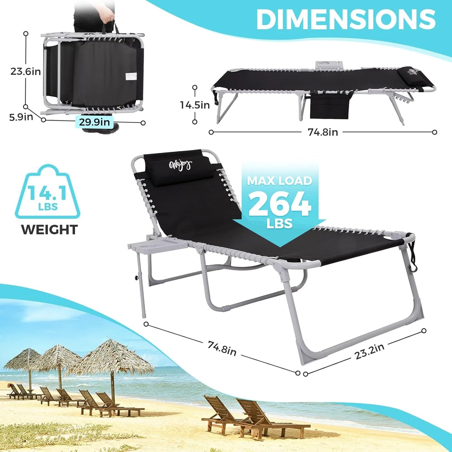 2 Pack Outdoor Chaise Lounge Chair - Portable Folding Patio Pool Lounge Chair, 5 Positions Adjustable Reclining Camping Chair with Side Table,Shoulder Strap, Pillow for Beach Sunbathing Lawn