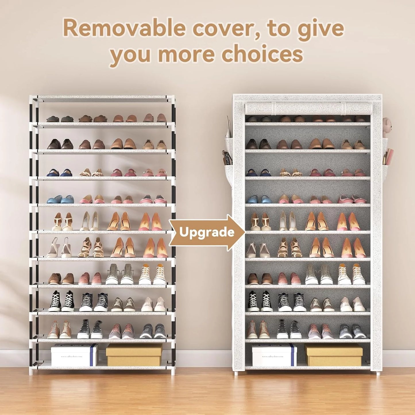 ROJASOP 10 Tier Shoe Rack with Covers,Large Capacity Stackable Tall Shoe Shelf Storage to 50-55 Pairs Shoes and Boots Sturdy Metal Free Standing Shoe Rack Organizer for Closet Entryway Garage