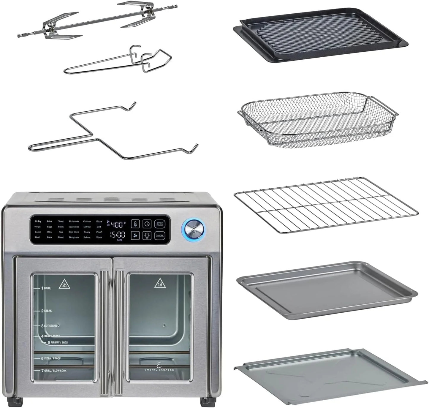 Extra Large French Door Air Fryer Toaster Oven Combo, 24 Cooking Functions and Digital Controls, 7 Accessories Included, Stainless Steel Finish, 26QT Capacity