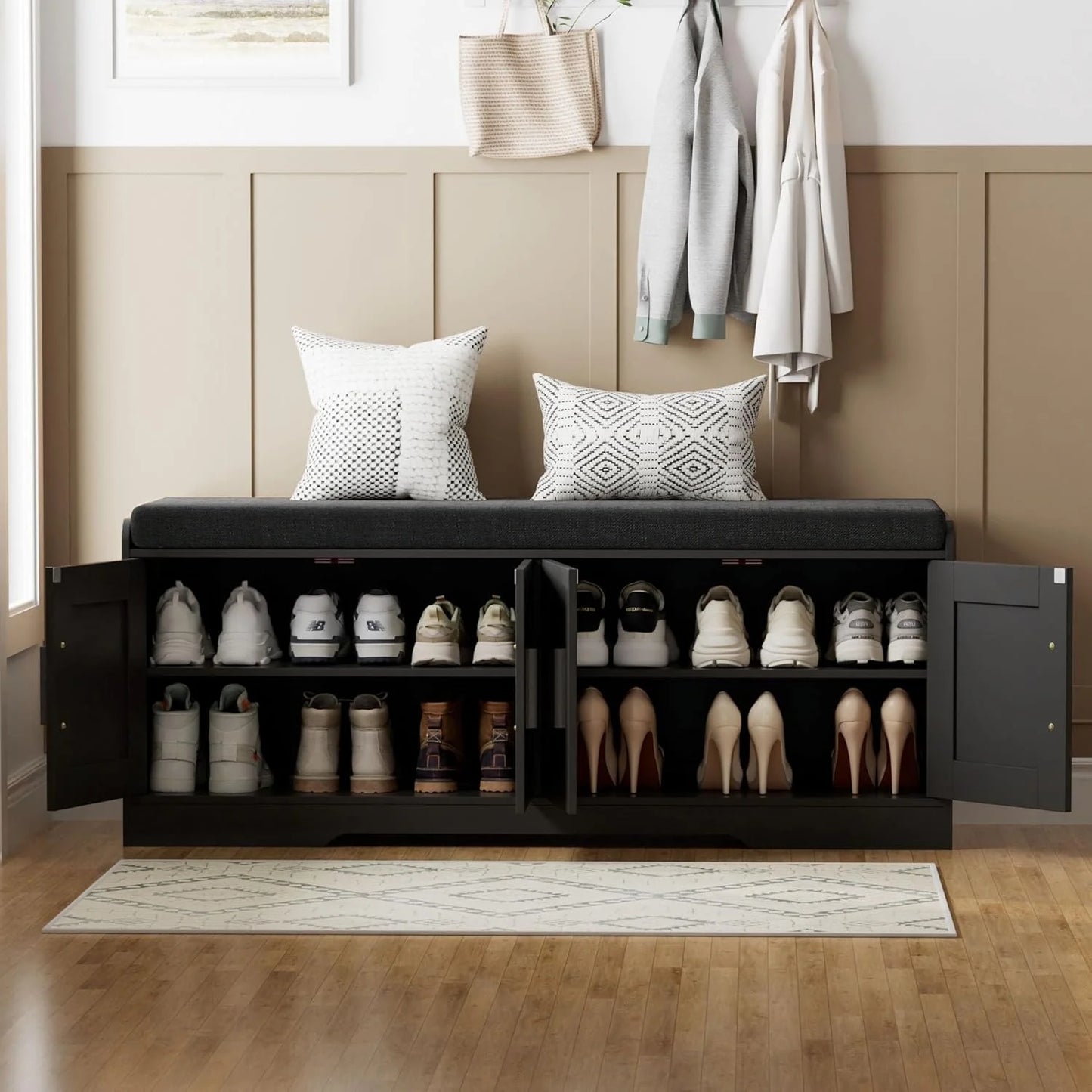 2-Tier Storage Bench, Shoe Bench with Thickened Padded Seat Cushion, Entryway Bench with 4 Doors, Adjustable Shelf