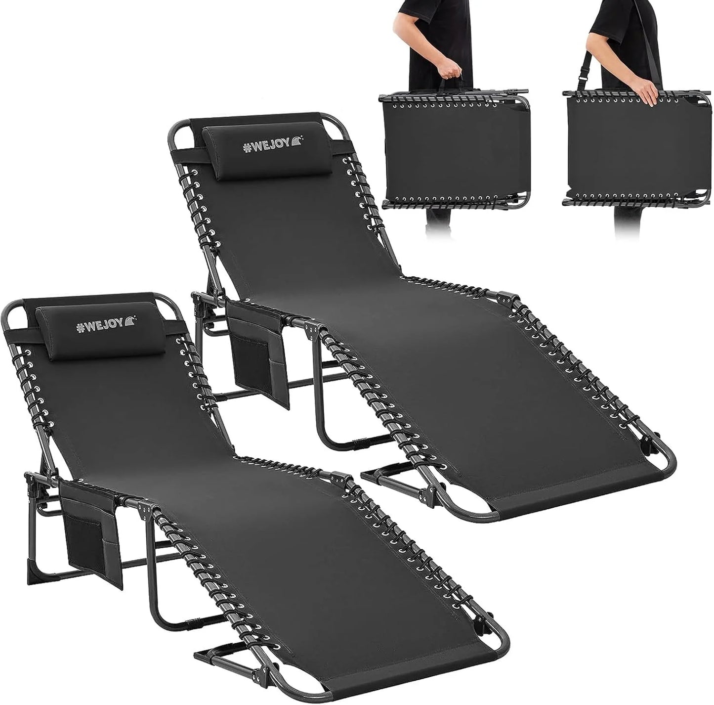 2 Pack Outdoor Chaise Lounge Chair - Portable Folding Patio Pool Lounge Chair, 5 Positions Adjustable Reclining Camping Chair with Side Table,Shoulder Strap, Pillow for Beach Sunbathing Lawn