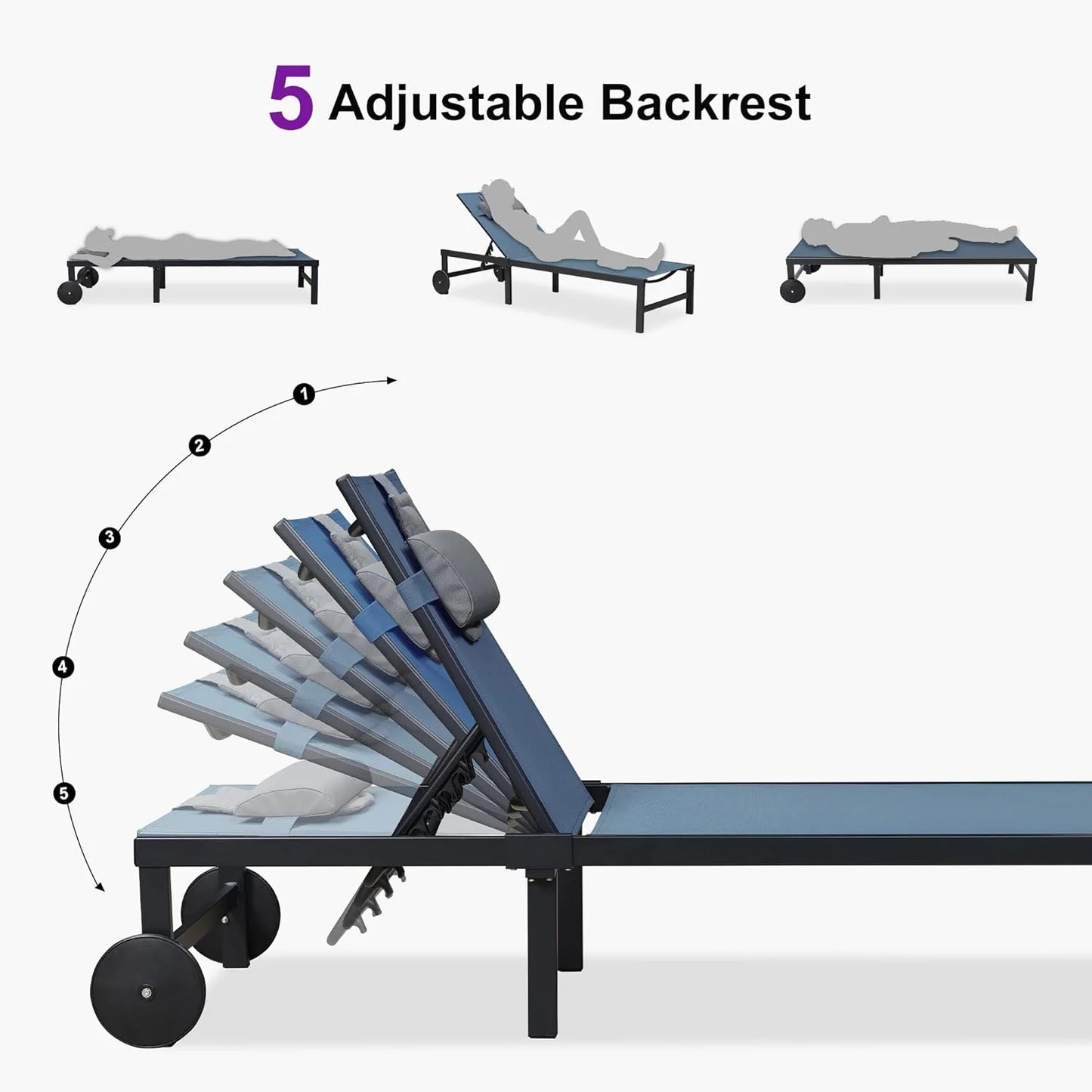 PURPLE LEAF Patio Tanning Lounge Chair Set with Face Down Hole Outdoor Aluminum Adjustable Reclining Chairs Wheels Pillows and Table for Poolside Beach Sunbathing Lounger, Beige