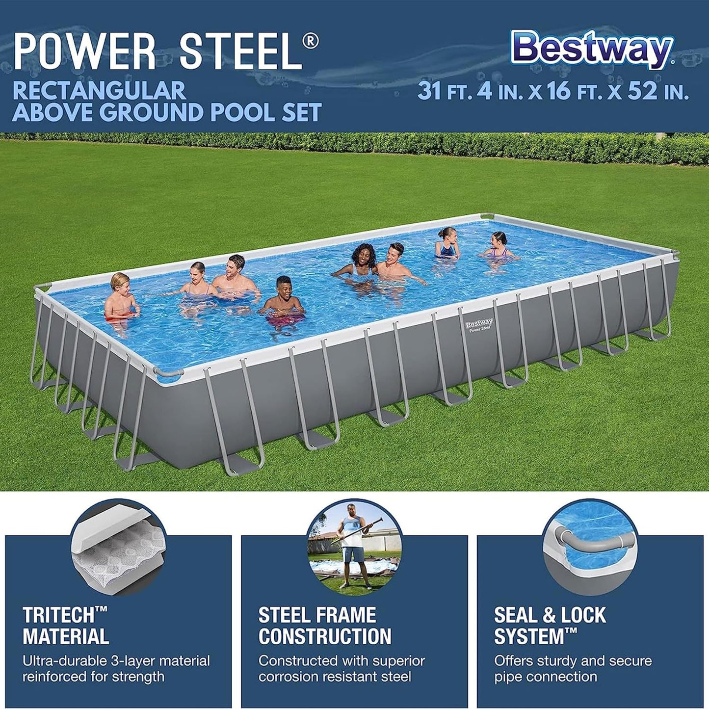 Power Steel 14' x 8'2" x 39.5" Oval Above Ground Pool Set | Includes 530gal Filter Pump, Ladder, ChemConnect Dispener
