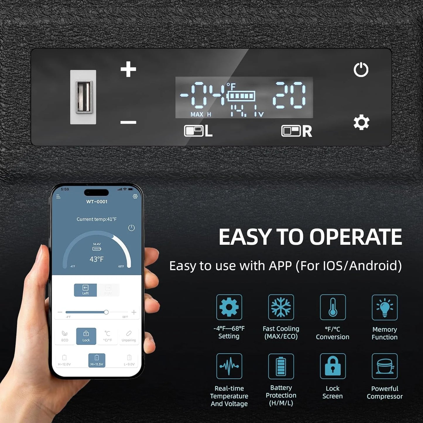 12V Car Refrigerator, 17 Quart Portable Freezer 12 Car Fridge (-4F~68F) Compressor Electric Cooler with 12/24V DC 110-240V AC, APP Control For Car Truck RV Camping, Travel Outdoor Home