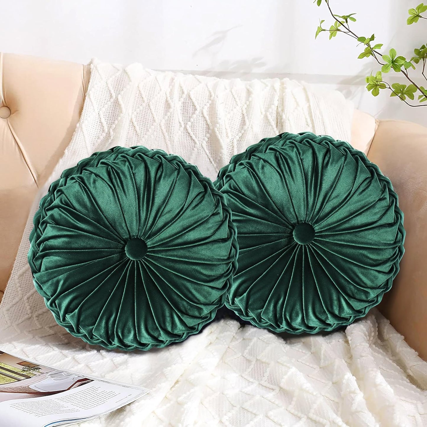 Set of 2 Decorative Round Pleated Throw Pillows
