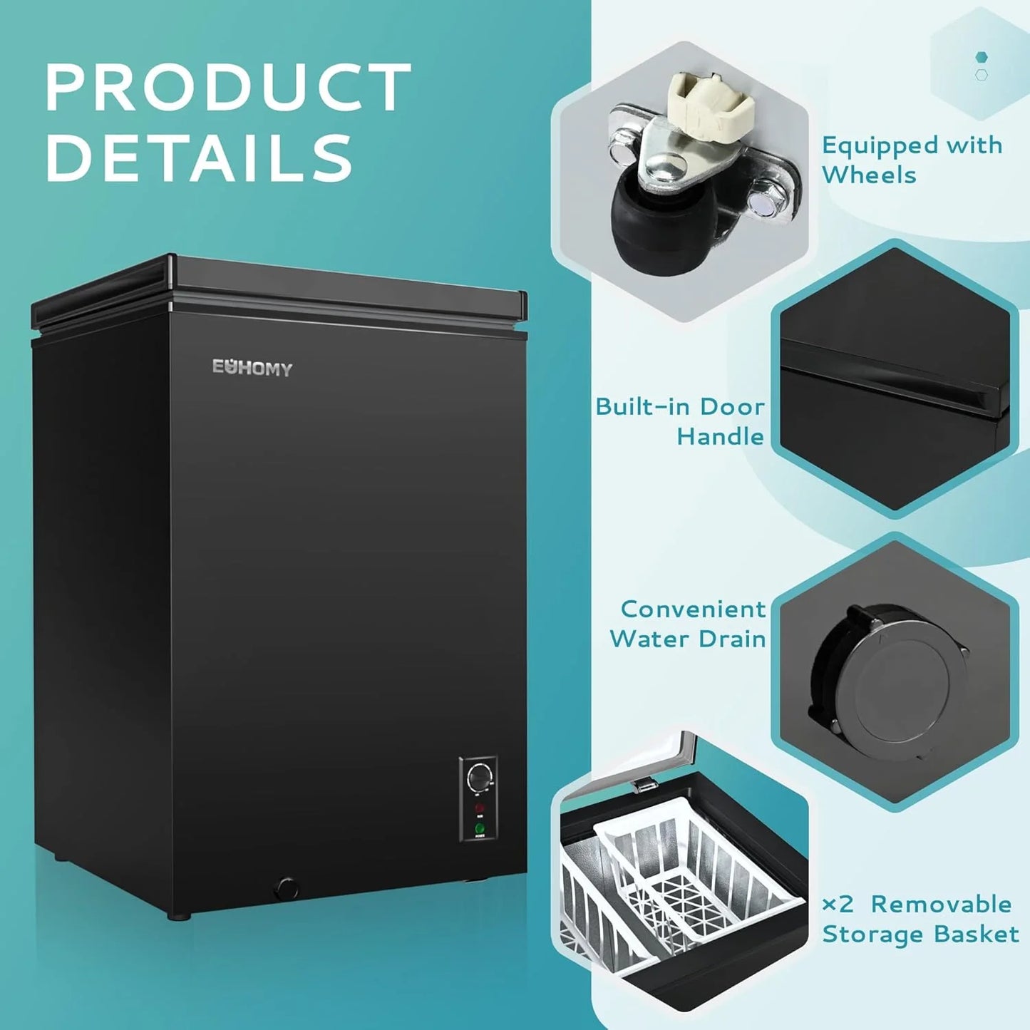 EUHOMY 3.5 Cu.Ft Chest Freezer with Removable Basket, Small Deep Freezer Adjustable 7 Thermostat, Quiet Mini Freezer Free-Standing Top Door, Energy Saving for Apartment/Garage/Basement/Dorm/Home,Black