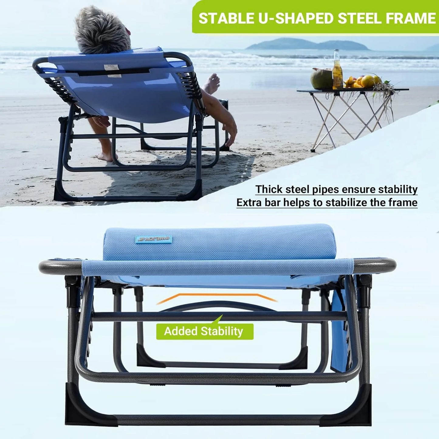 2 Pack Outdoor Chaise Lounge Chair - Portable Folding Patio Pool Lounge Chair, 5 Positions Adjustable Reclining Camping Chair with Side Table,Shoulder Strap, Pillow for Beach Sunbathing Lawn