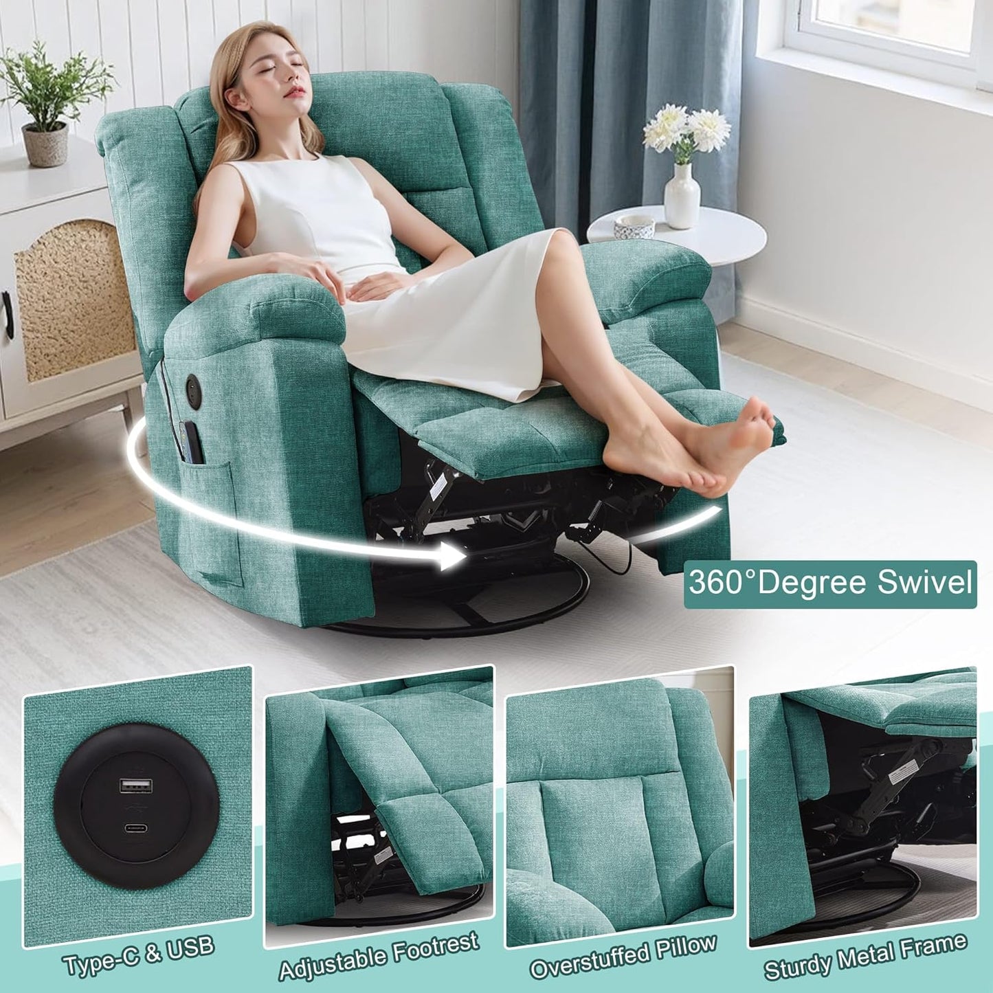 Adult rocking chair, gliding recliner, 360° rotating rocking chair with massage and heating function