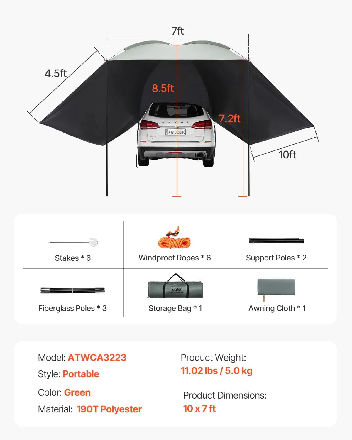 Awning Tent UV50+ Waterproof Canopy for Vehicles
