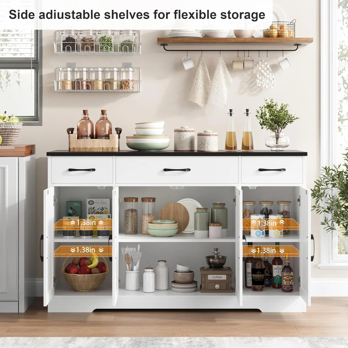 Sideboard with drawers, large 55-inch sideboard, sideboard storage with shelves and doors, modern farmhouse coffee bar wood kitchen dining table