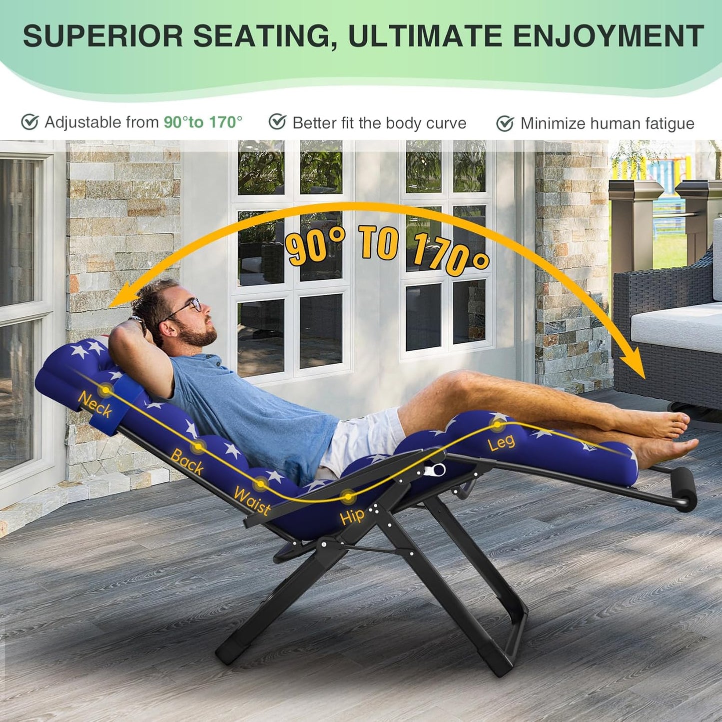 Indoor and outdoor patio chair folding lounge chair zero gravity chair with removable cushion camping lounge chair