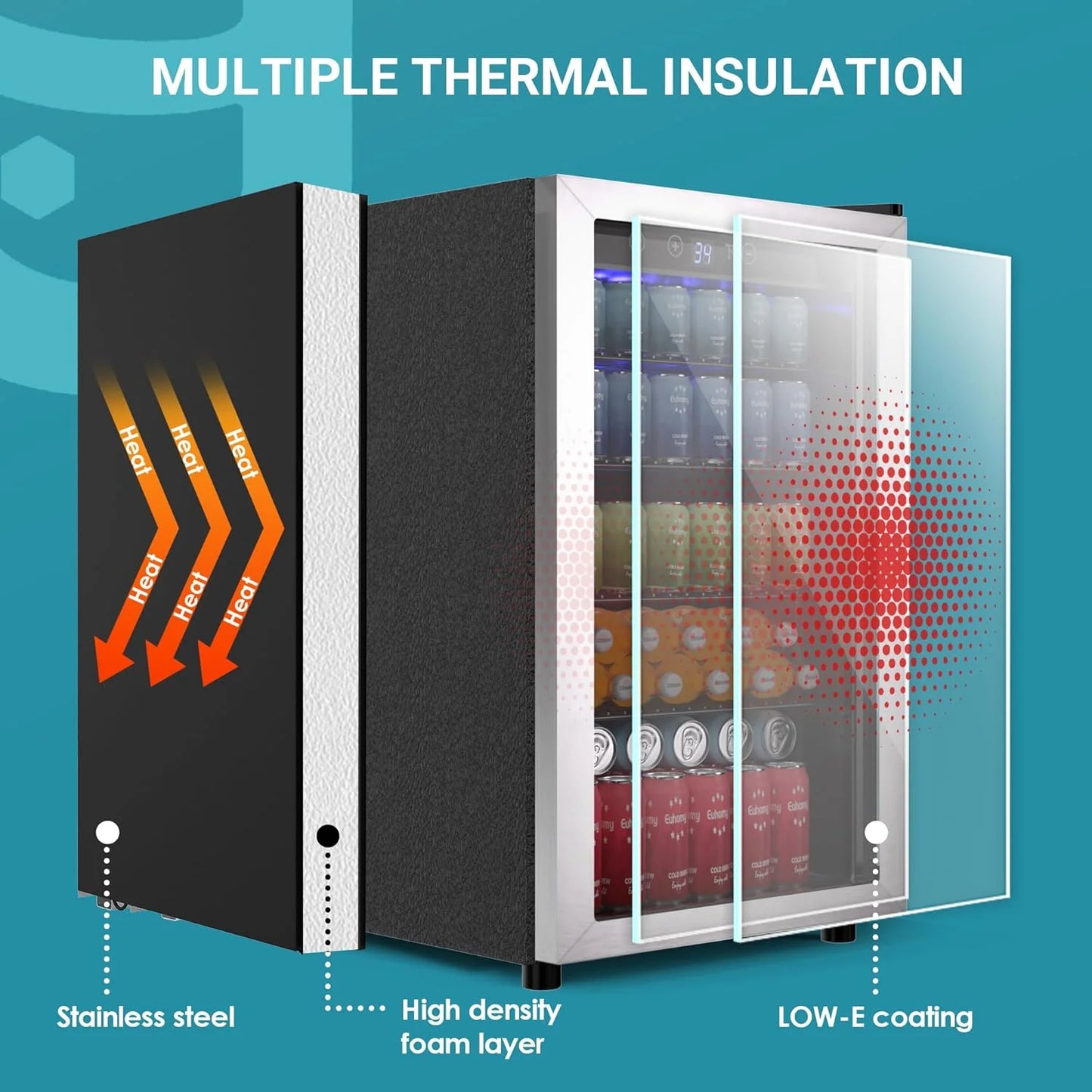 EUHOMY Beverage Refrigerator Cooler, 130 Can Mini Fridge with Glass Door for Soda Beer or Wine, Beverage Cooler for Home, Office, Bar with Adjustable Removable Shelves, Silver